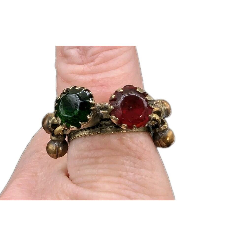 Antique Gold Tone Green Red Tassel Kochi Ethnic Tribal Belly Dance Ring